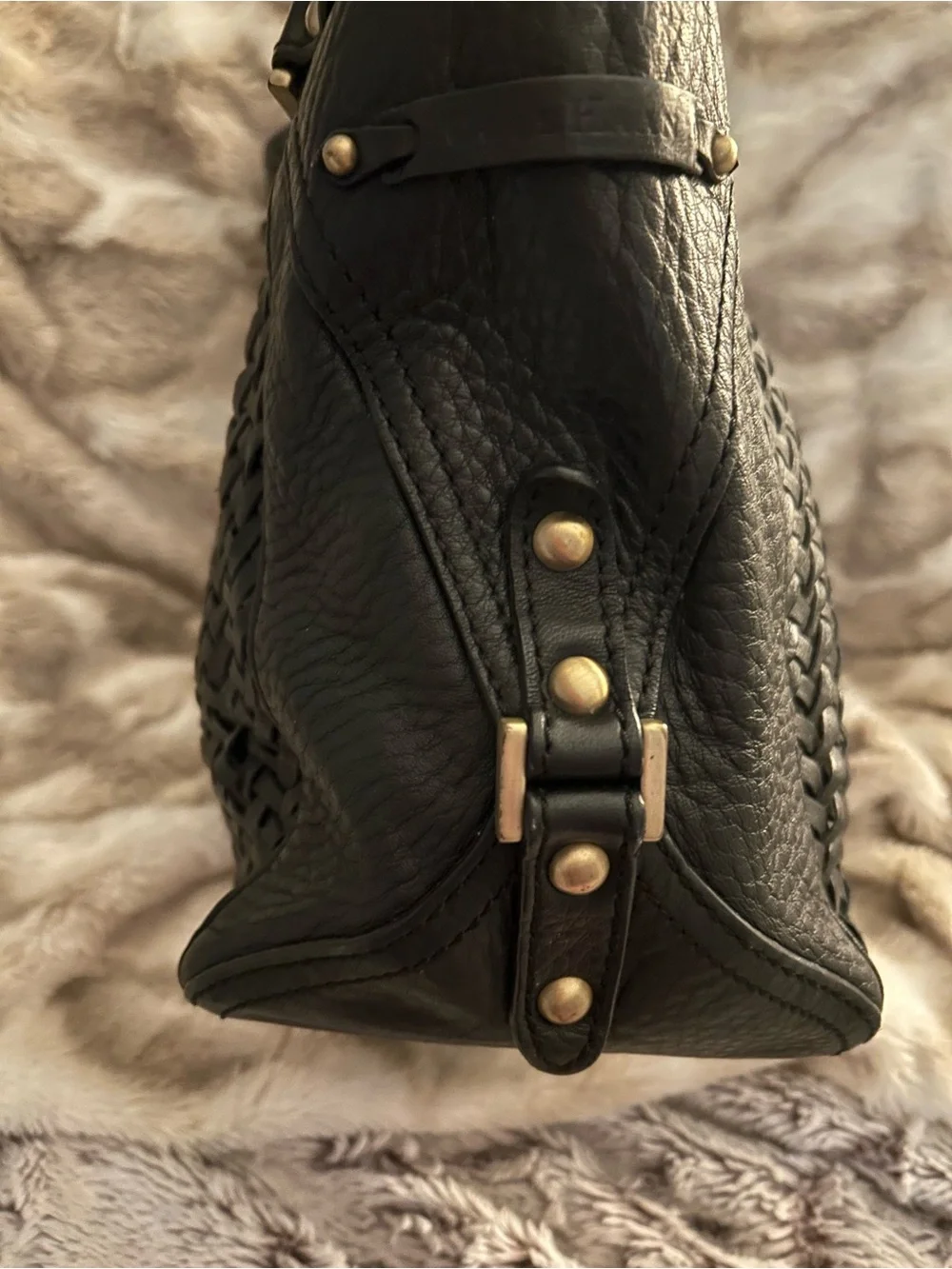 Cole Haan Black Woven Leather Large Hobo with Gold Accents